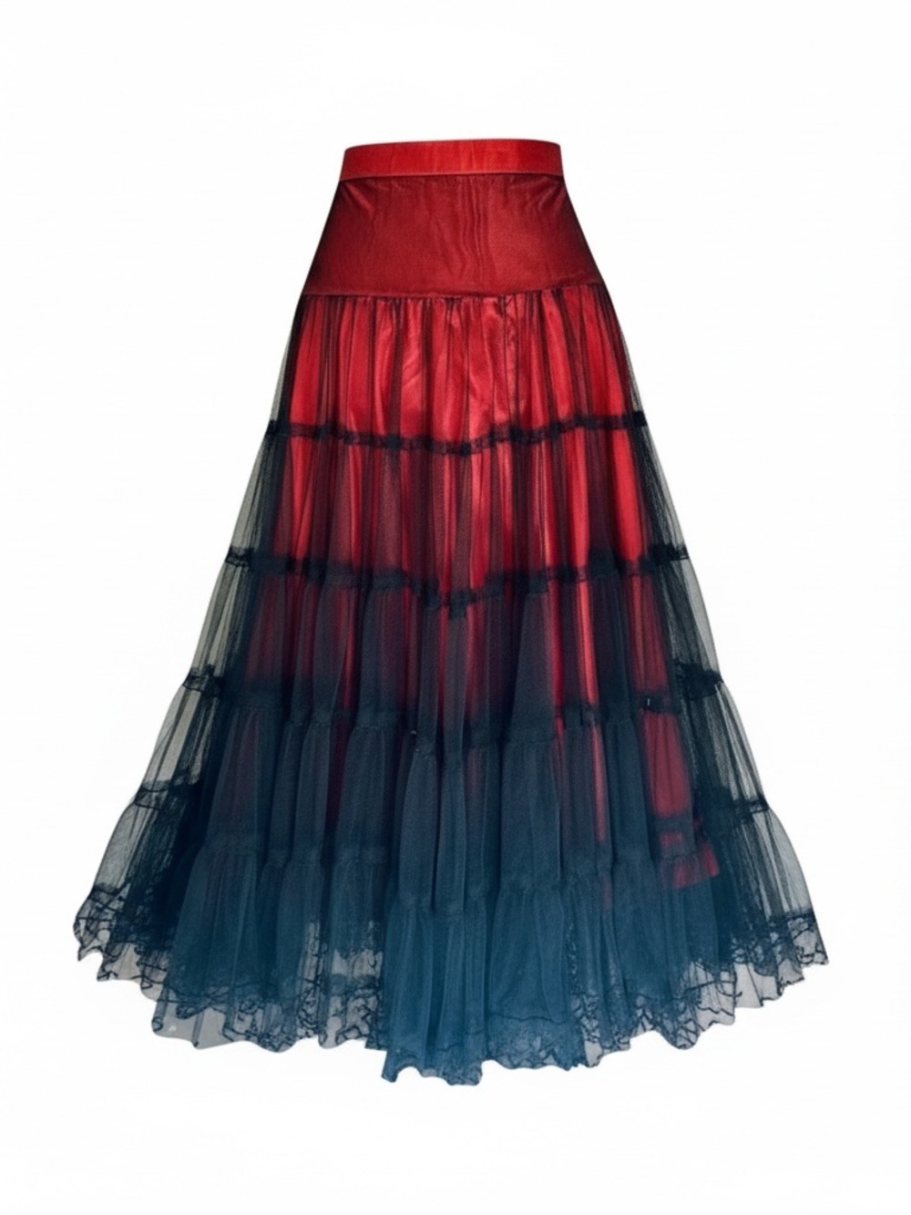 Aida Vintage Skirt S Red Satin Base Black Lace Overlay Whimsigoth Vampy Romance